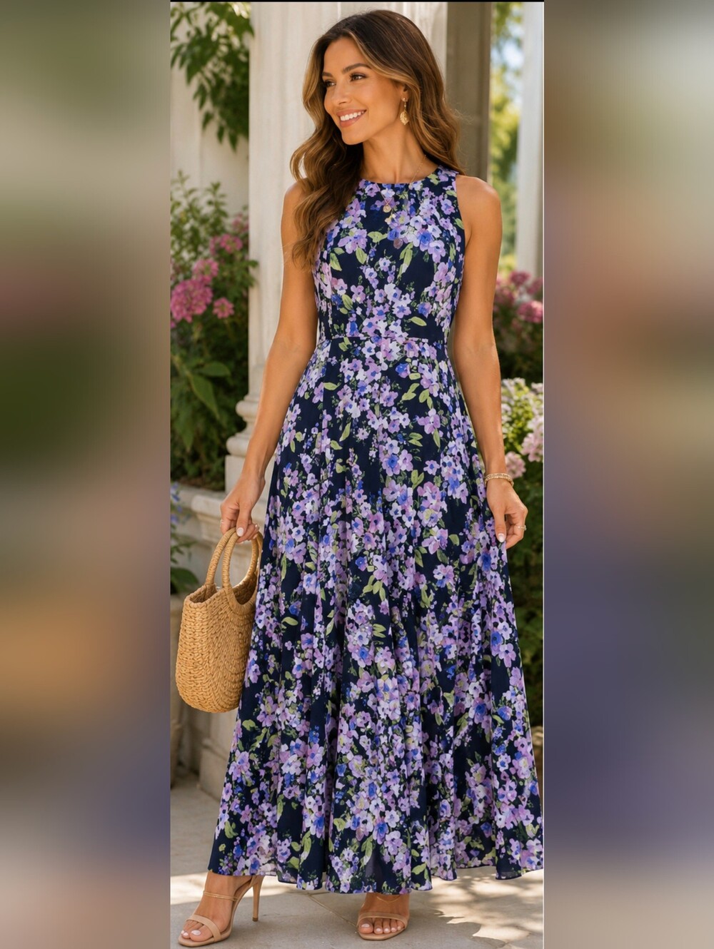 Tommy Hilfiger Navy Halter Floral Maxi Dress 45 Inches Long⅚